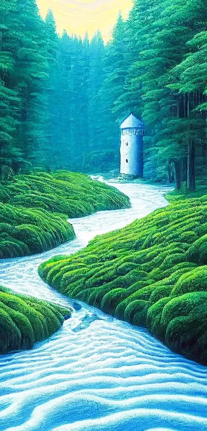 Enchanted forest scene with stream and tower, vibrant greenery.