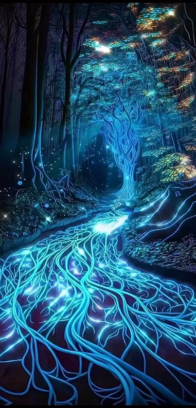 Mystical glowing blue forest stream wallpaper with enchanted trees.