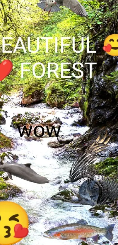 Beautiful forest stream with lush greenery and wildlife, perfect for wallpaper.