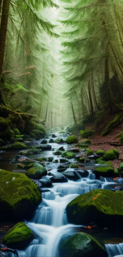 Serene forest stream with moss-covered rocks and lush green trees.