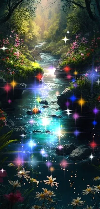 Enchanted forest stream with flowers and sparkling water.