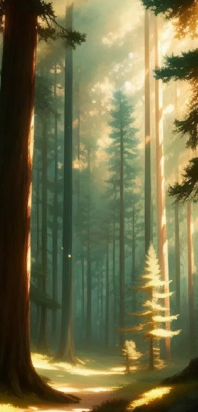 Sunlit forest path with tall trees at sunrise, capturing a serene, mystical atmosphere.