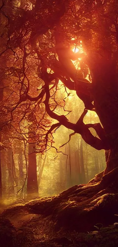 Enchanted forest at sunset with glowing trees and warm amber tones.