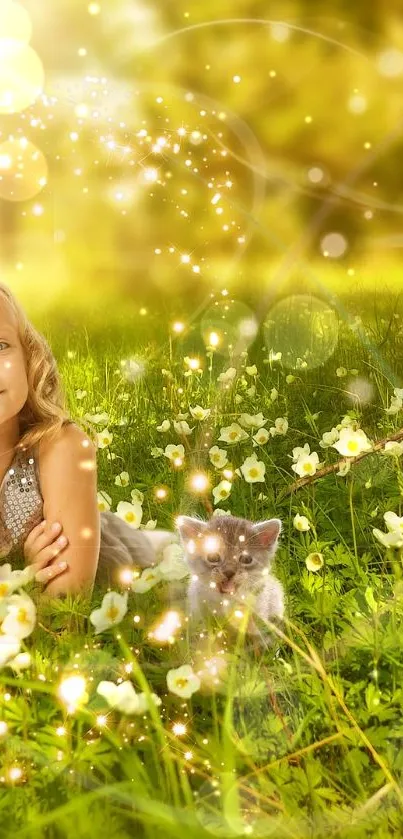 Girl in sunlit forest meadow with glowing sparkles and flowers.