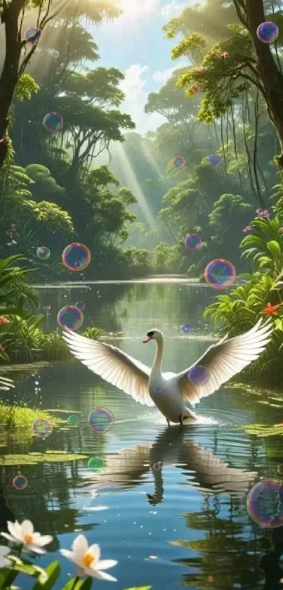 A serene forest scene with a swan and bubbles reflecting sunlight.