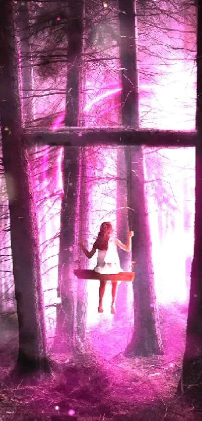 Mystical forest scene with glowing pink swing.