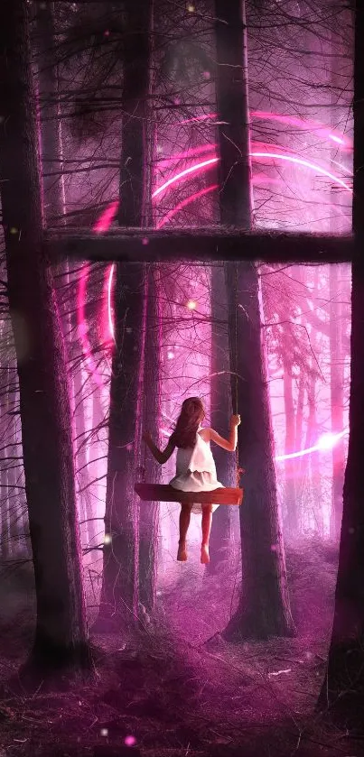 Girl on swing in mystical pink forest with glowing rings.