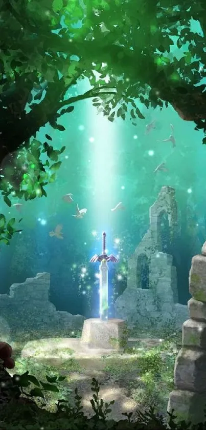 Glowing sword in magical forest with ruins and greenery.