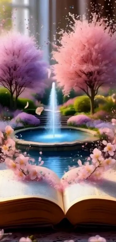 An open book with cherry blossoms and a magical background.