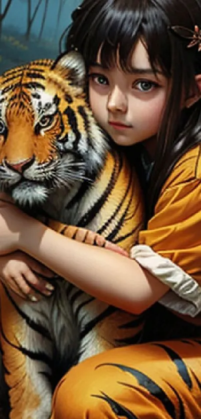 Girl hugs tiger in a serene forest setting, exuding fantasy and nature.