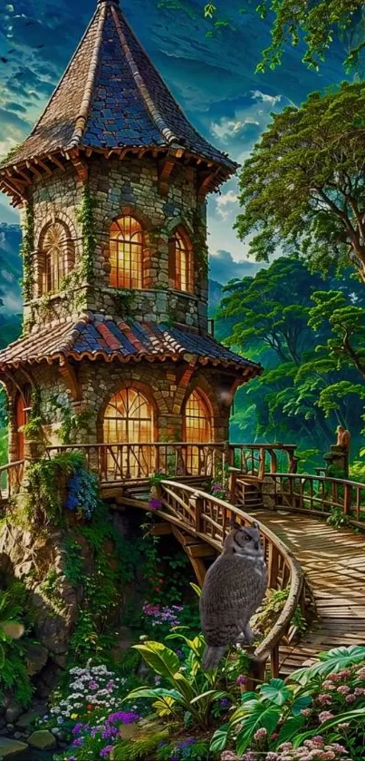 Enchanted tower surrounded by vibrant forest landscape.