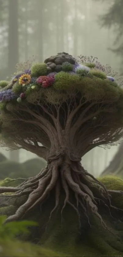 Mystical tree with vibrant flowers in an enchanted forest setting.