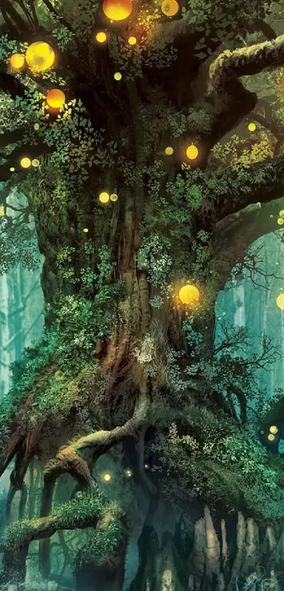 Magical tree with glowing lights in an enchanted forest setting.