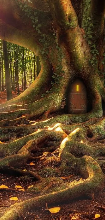 Mystical tree with a hidden door in an enchanted forest setting.