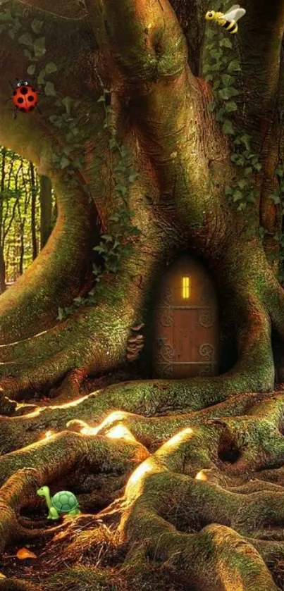 Enchanted forest tree with a small door and forest creatures, perfect for wallpaper.