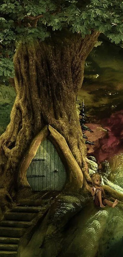 Mystical tree dwelling with magical door in an enchanted forest setting.