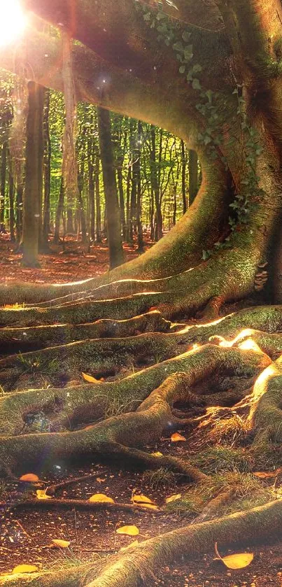 Enchanted tree in a lush forest with roots and a doorway.