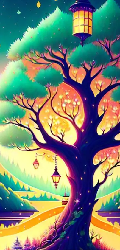 Illustrative tree with lanterns in a vibrant, enchanted forest setting.