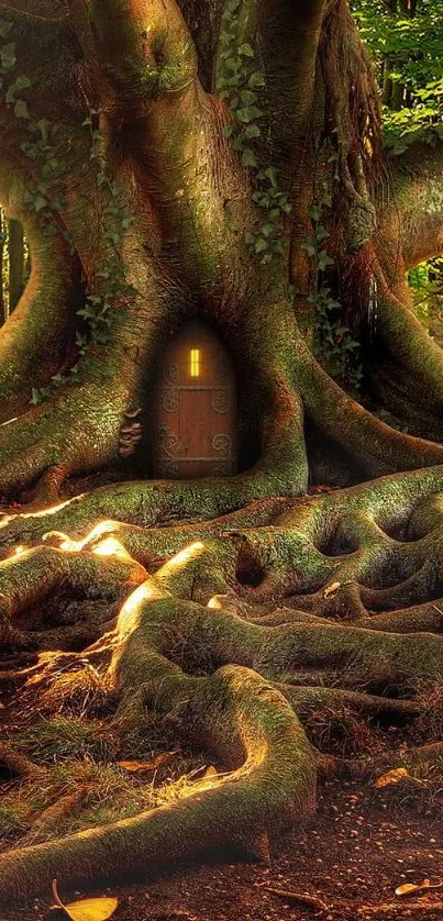 Enchanted tree with a mystical door in a dense forest setting.