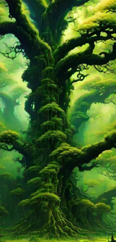 Majestic, lush green tree in an enchanted forest wallpaper.