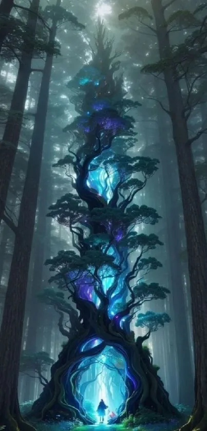 Tall, mystical tree in an enchanted forest with vibrant blue light.