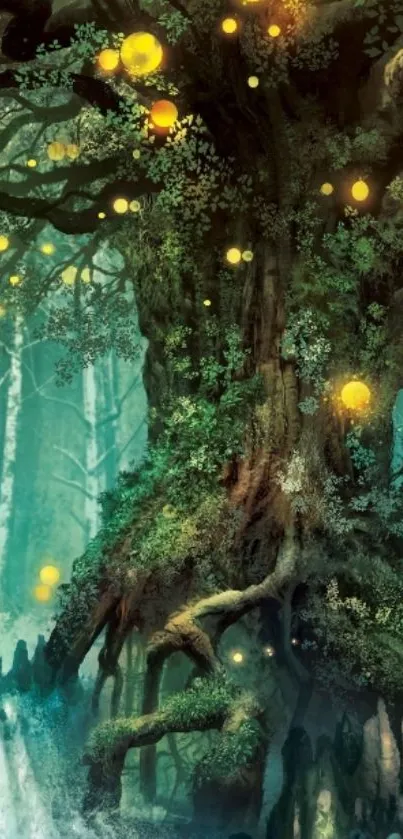 Enchanted forest wallpaper with glowing orbs and a majestic tree in lush greenery.