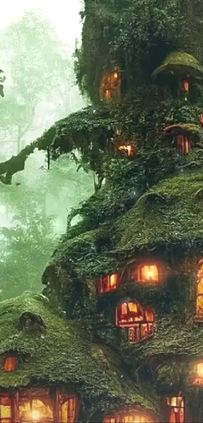 Whimsical treehouse glowing in a mystical forest setting.