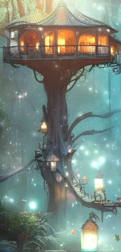 Fantasy treehouse in enchanted forest with glowing lanterns.