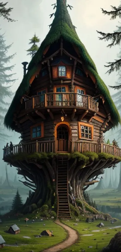 Enchanted forest treehouse with mystical design in a serene woodland setting.