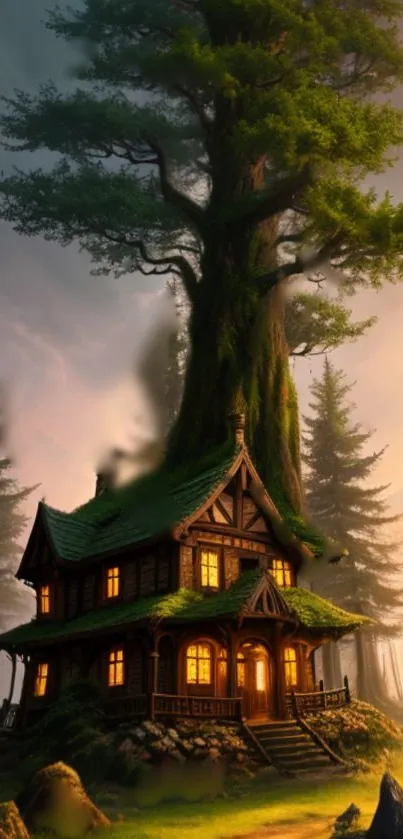 Enchanted treehouse in mystical forest.