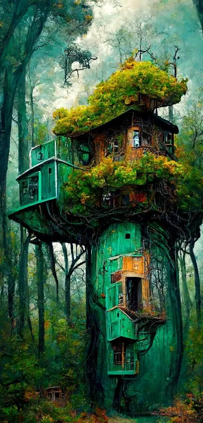 Magical treehouse in a lush forest setting with vibrant green hues.