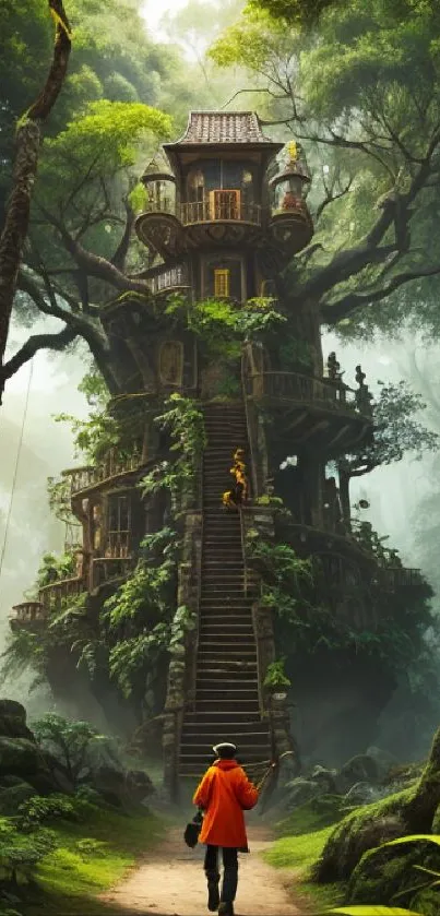 Mystical treehouse amidst lush forest, exuding adventure and tranquility.