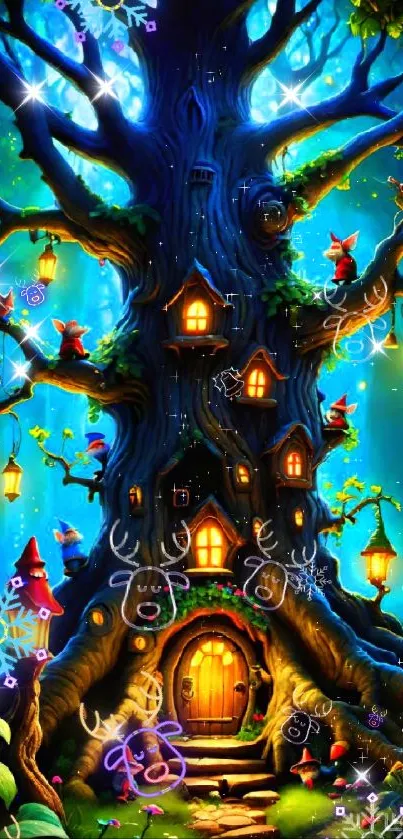 Magical treehouse in an enchanted blue forest with glowing lanterns.