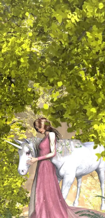 Woman in pink gown with unicorn in lush green forest.