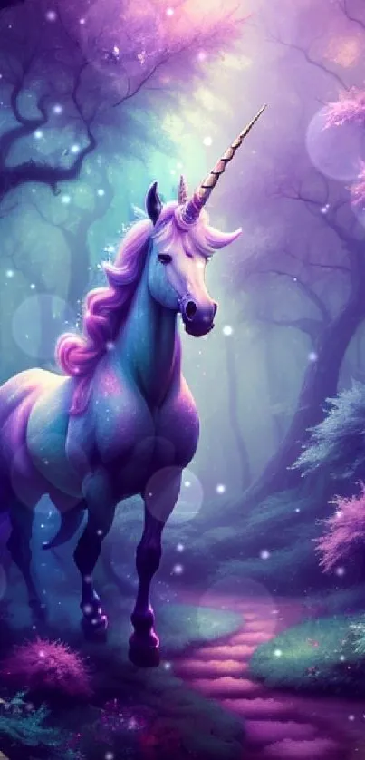 A mystical unicorn in an enchanting purple forest setting; vibrant and magical.