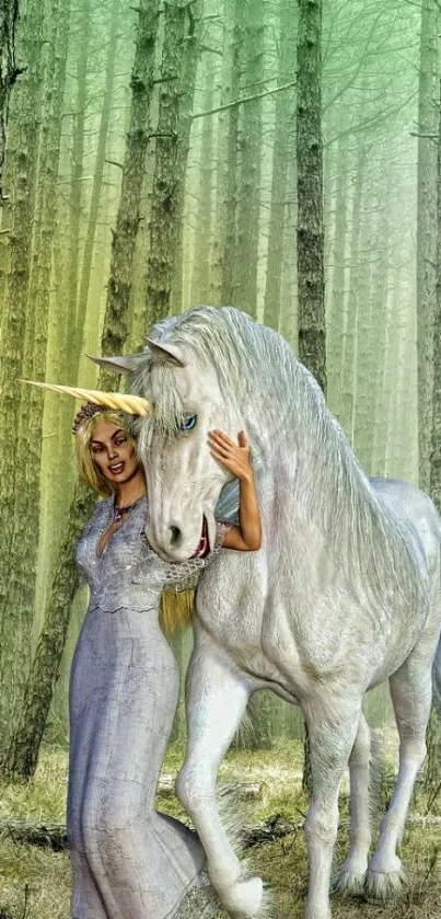 Woman with unicorn in enchanted forest setting.