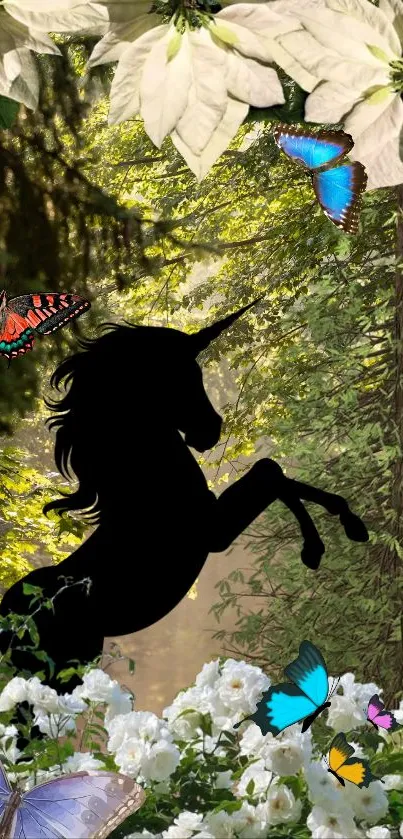 Unicorn silhouette in enchanted forest with colorful butterflies.