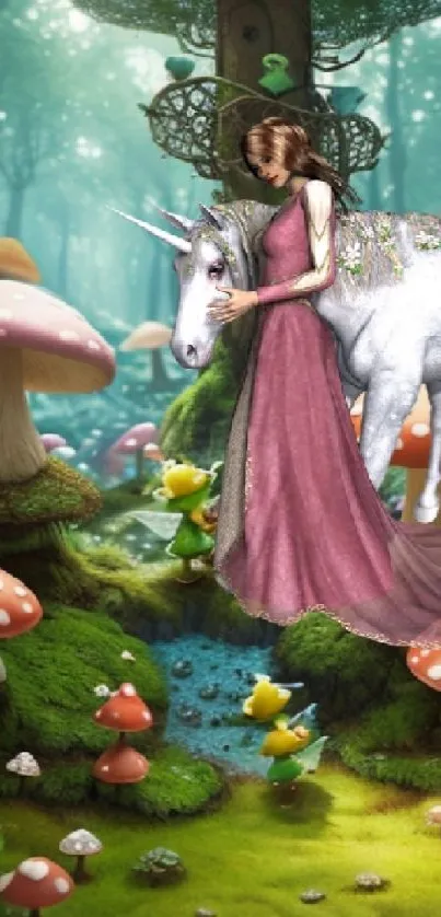 Enchanting scene with unicorn and woman in magical forest.