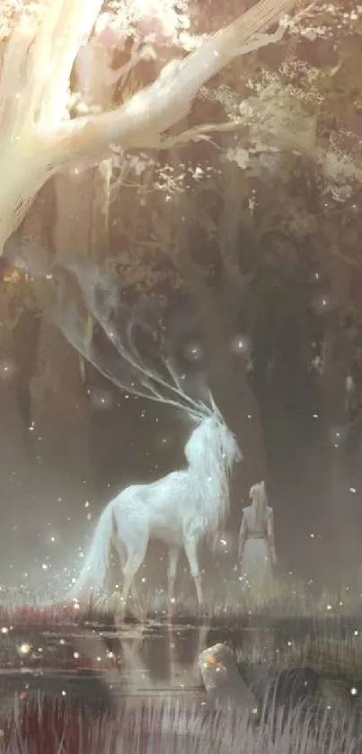 Ethereal unicorn in enchanted forest with magical light.