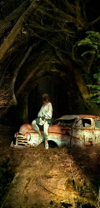 Mysterious forest with vintage car and pathway, creating an enchanting atmosphere.