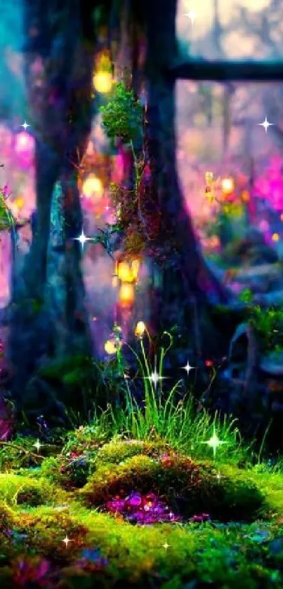 Enchanted forest scene with vibrant violet and green colors.