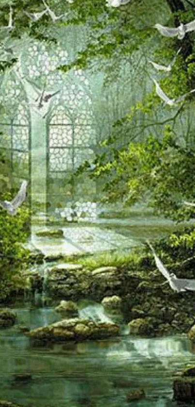 Enchanted forest with doves and stream in a lush green setting.