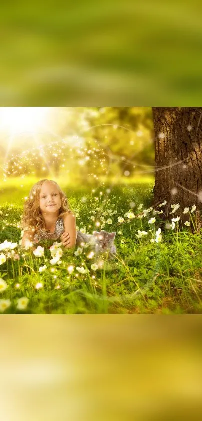 A child lying in an enchanted forest with sunlit flowers.