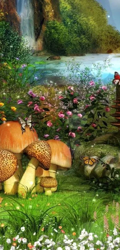 Enchanted forest wallpaper with mushrooms and butterflies.