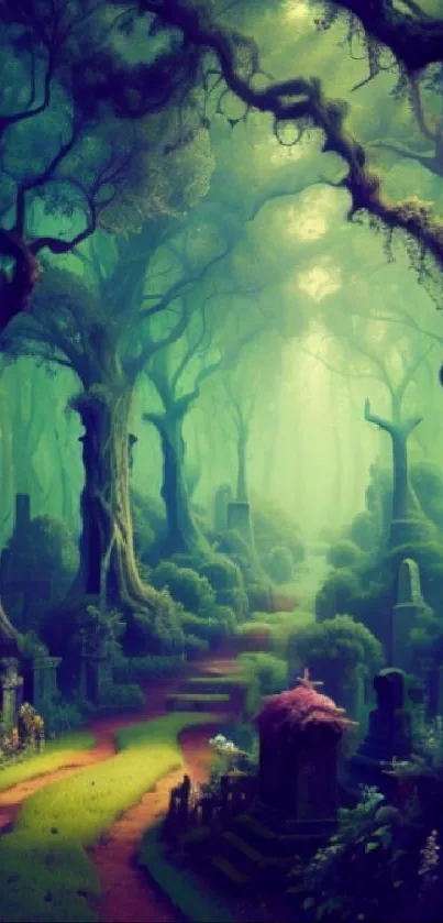 Enchanting forest path with mystical light filtering through ancient trees, vibrant greenery.