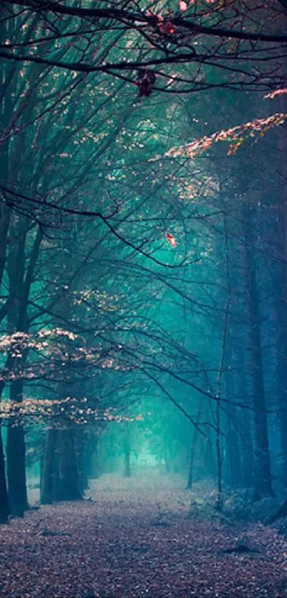 Mystic forest path with teal and blue hues in an enchanted woodland setting.