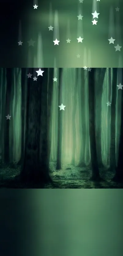 Mystical dark green forest with glowing stars.