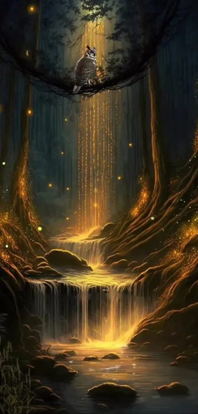 A magical forest with glowing waterfalls and an owl perched on a branch.