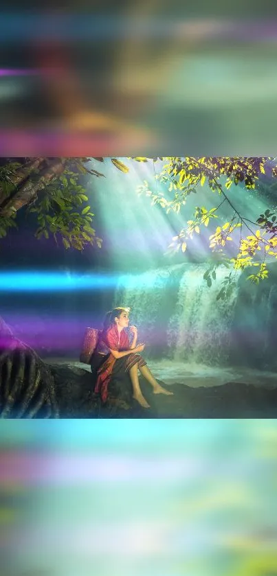 Meditative figure in enchanted forest with glowing lights and waterfall.