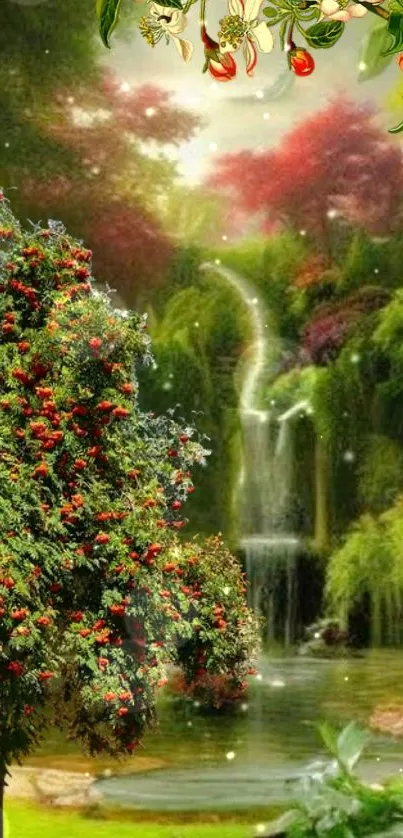 Enchanted forest waterfall with lush greenery and vibrant foliage.